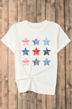 Clearance Dear-Lover Flag Day Stars Print Crew Neck T Shirt White