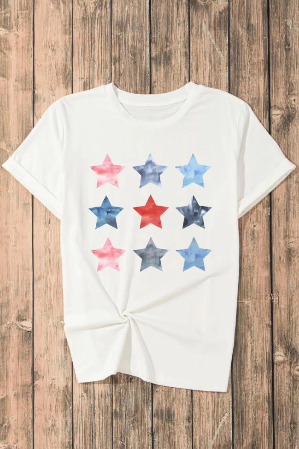 Clearance Dear-Lover Flag Day Stars Print Crew Neck T Shirt White