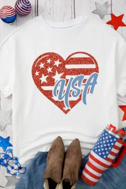 Outlet Dear-Lover Flag Pattern Inspired USA Heart Graphic Tee White