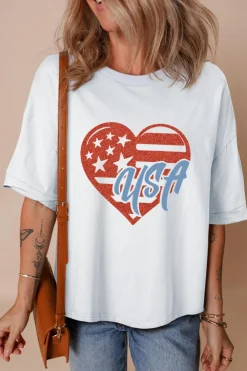 Outlet Dear-Lover Flag Pattern Inspired USA Heart Graphic Tee White