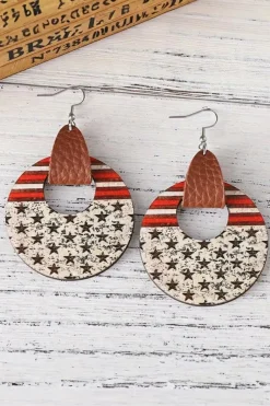 New Dear-Lover Flag Print Round Wooden Dangle Earrings White