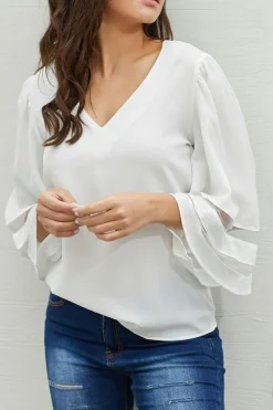 Best Dear-Lover Flare Sleeve V Neck Loose Blouse White