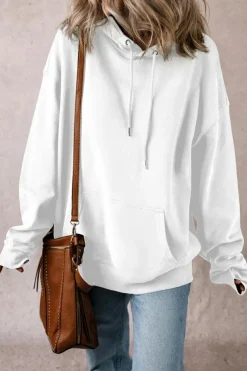 Discount Dear-Lover Fleece Lined Kangaroo Pocket Drawstring Chunky Hoodie White