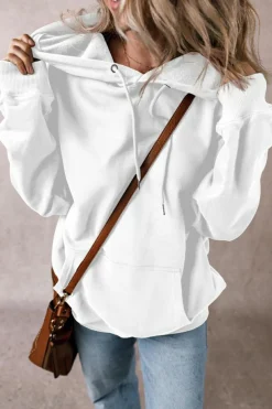 Discount Dear-Lover Fleece Lined Kangaroo Pocket Drawstring Chunky Hoodie White