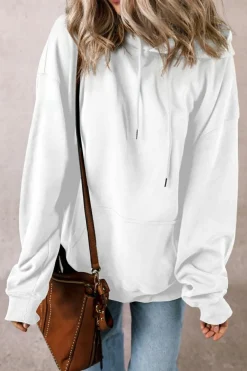 Discount Dear-Lover Fleece Lined Kangaroo Pocket Drawstring Chunky Hoodie White