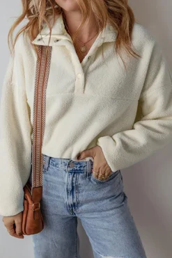 Sale Dear-Lover Fleece Placket Turn-down Collar Drop Shoulder Sweatshirt White