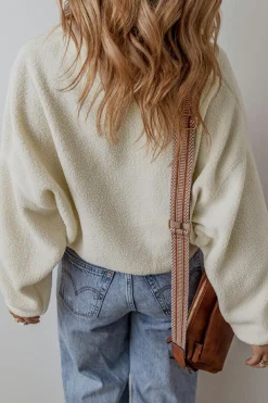 Sale Dear-Lover Fleece Placket Turn-down Collar Drop Shoulder Sweatshirt White