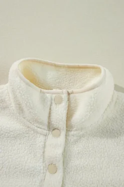 Sale Dear-Lover Fleece Placket Turn-down Collar Drop Shoulder Sweatshirt White
