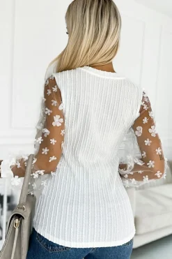 New Dear-Lover Floral Applique Mesh Sleeves Textured Knit Blouse White
