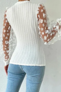 New Dear-Lover Floral Applique Mesh Sleeves Textured Knit Blouse White