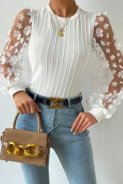 New Dear-Lover Floral Applique Mesh Sleeves Textured Knit Blouse White