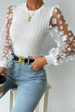 New Dear-Lover Floral Applique Mesh Sleeves Textured Knit Blouse White