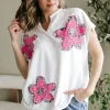 Online Dear-Lover Floral Applique Notched V Neck Dolman Sleeve Top White