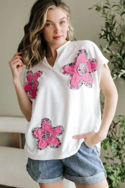 Online Dear-Lover Floral Applique Notched V Neck Dolman Sleeve Top White