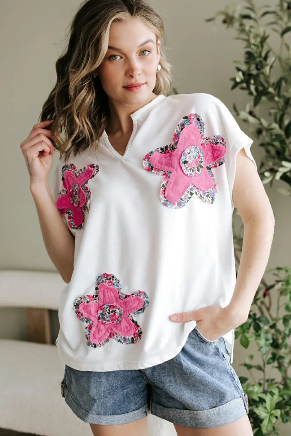 Online Dear-Lover Floral Applique Notched V Neck Dolman Sleeve Top White