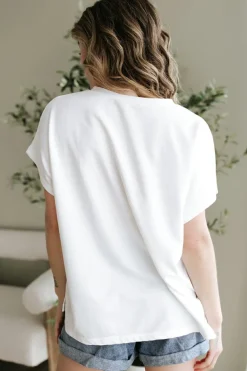Online Dear-Lover Floral Applique Notched V Neck Dolman Sleeve Top White