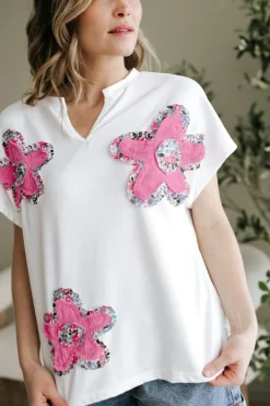 Online Dear-Lover Floral Applique Notched V Neck Dolman Sleeve Top White