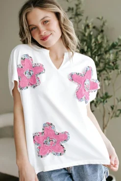 Online Dear-Lover Floral Applique Notched V Neck Dolman Sleeve Top White