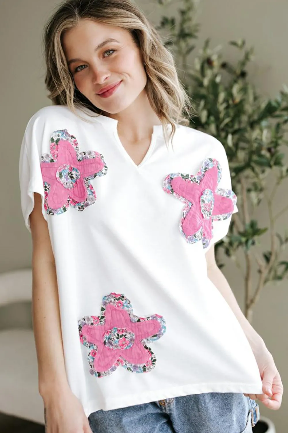 Online Dear-Lover Floral Applique Notched V Neck Dolman Sleeve Top White
