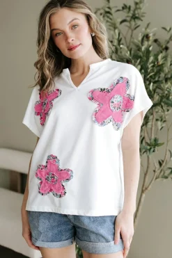 Online Dear-Lover Floral Applique Notched V Neck Dolman Sleeve Top White