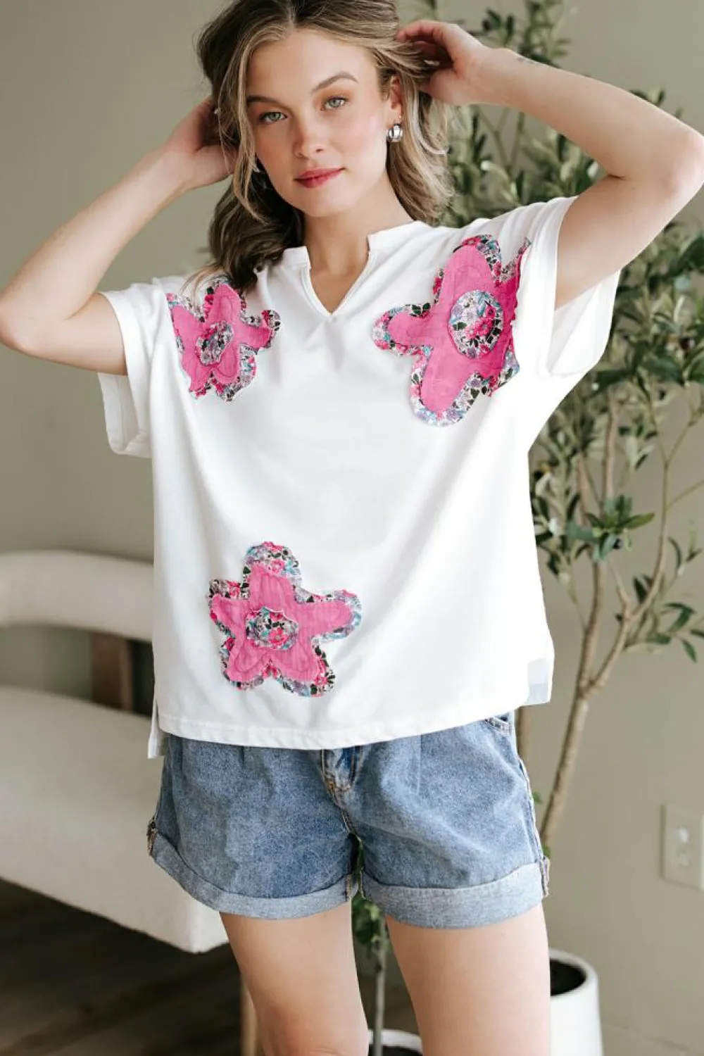 Online Dear-Lover Floral Applique Notched V Neck Dolman Sleeve Top White