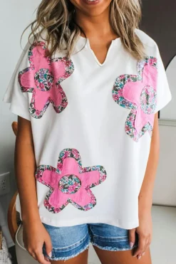 Online Dear-Lover Floral Applique Notched V Neck Dolman Sleeve Top White