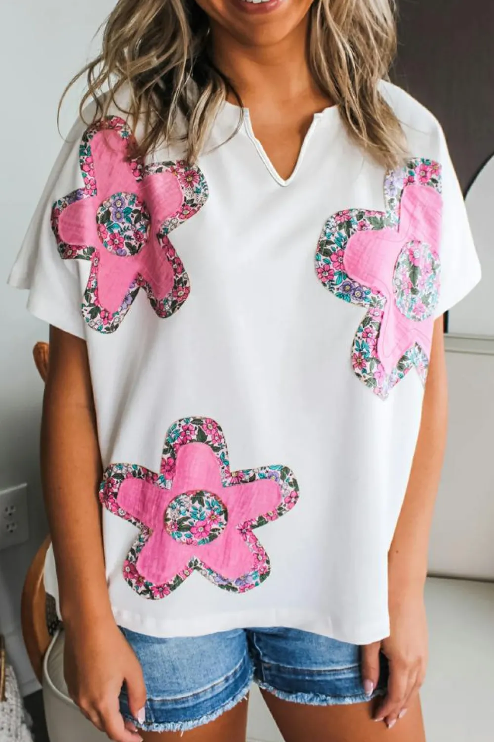 Online Dear-Lover Floral Applique Notched V Neck Dolman Sleeve Top White