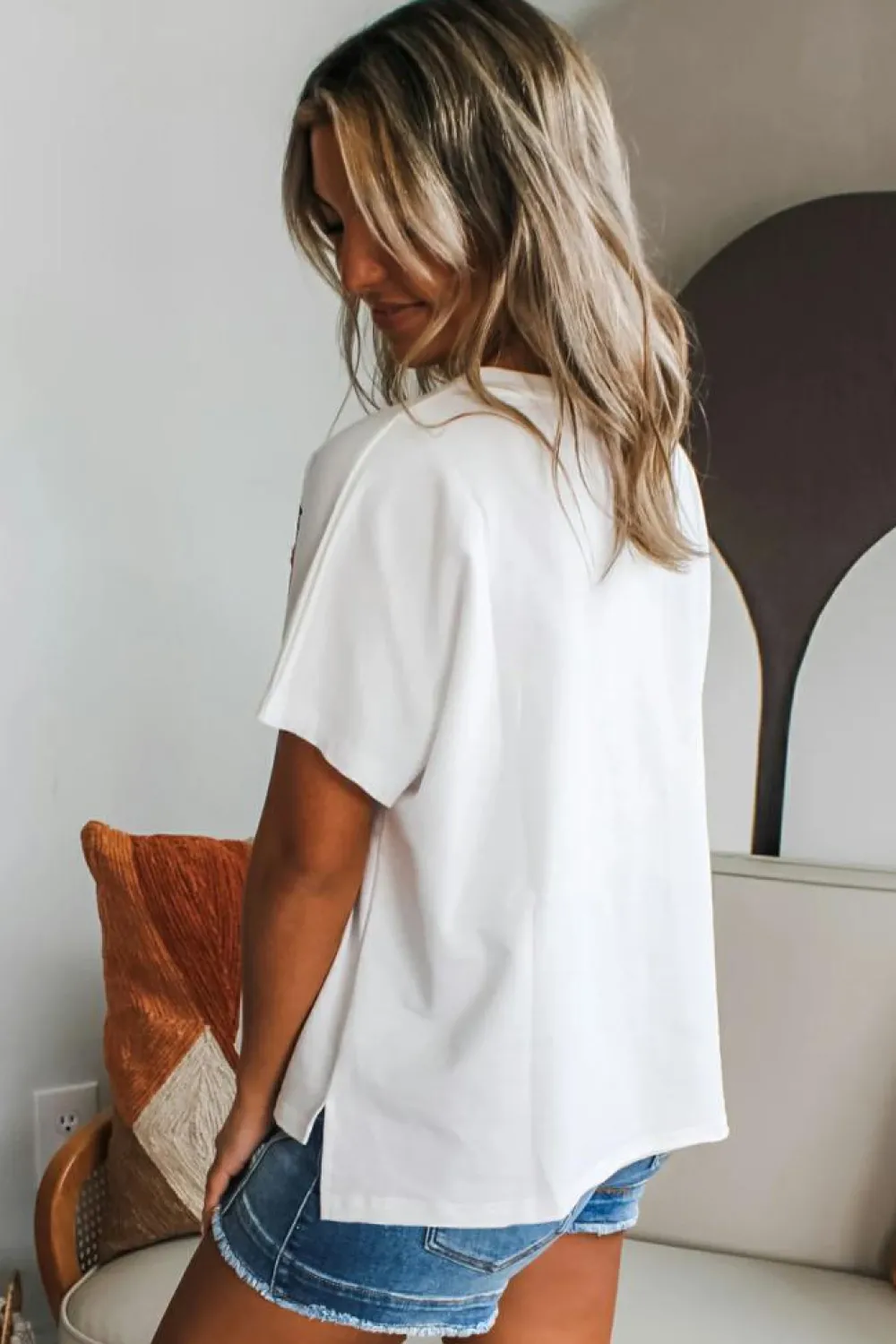Online Dear-Lover Floral Applique Notched V Neck Dolman Sleeve Top White