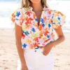 Fashion Dear-Lover Floral Bouquet Flutter Top White
