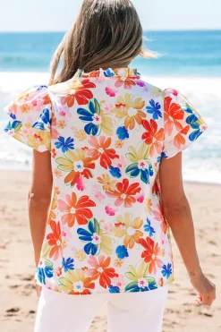 Fashion Dear-Lover Floral Bouquet Flutter Top White