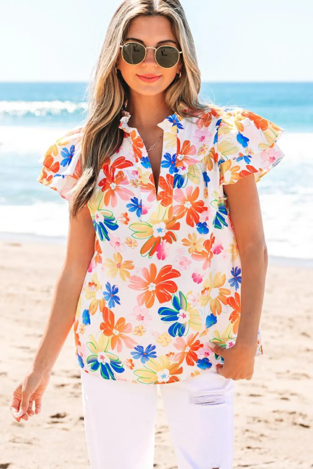 Fashion Dear-Lover Floral Bouquet Flutter Top White