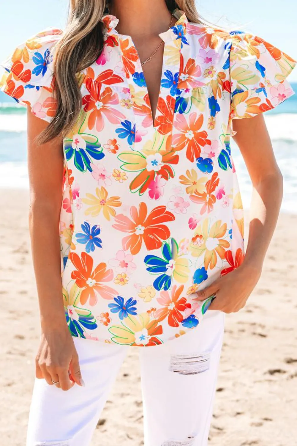Fashion Dear-Lover Floral Bouquet Flutter Top White