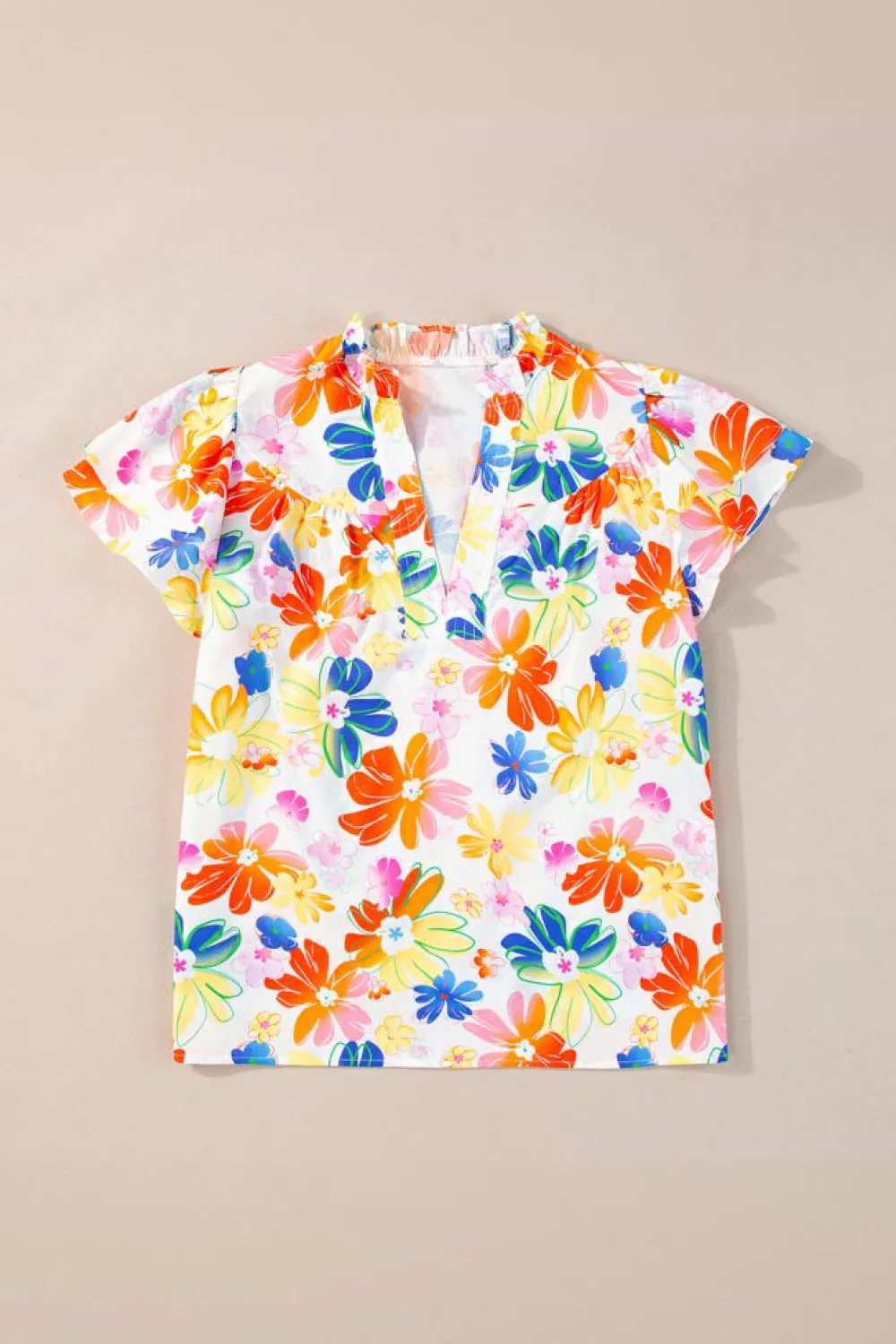 Fashion Dear-Lover Floral Bouquet Flutter Top White