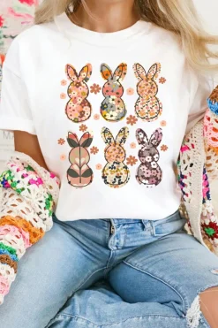 Best Dear-Lover Floral Bunny Graphic Crewneck Easter Fashion Tee White