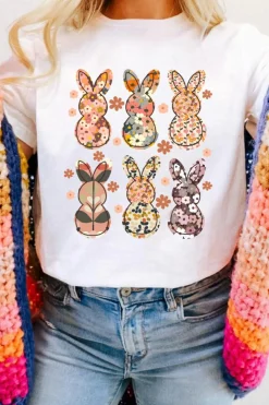 Best Dear-Lover Floral Bunny Graphic Crewneck Easter Fashion Tee White
