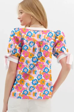Online Dear-Lover Floral Colorblock Striped Edge V Neck Knotted Short Sleeve Blouse White