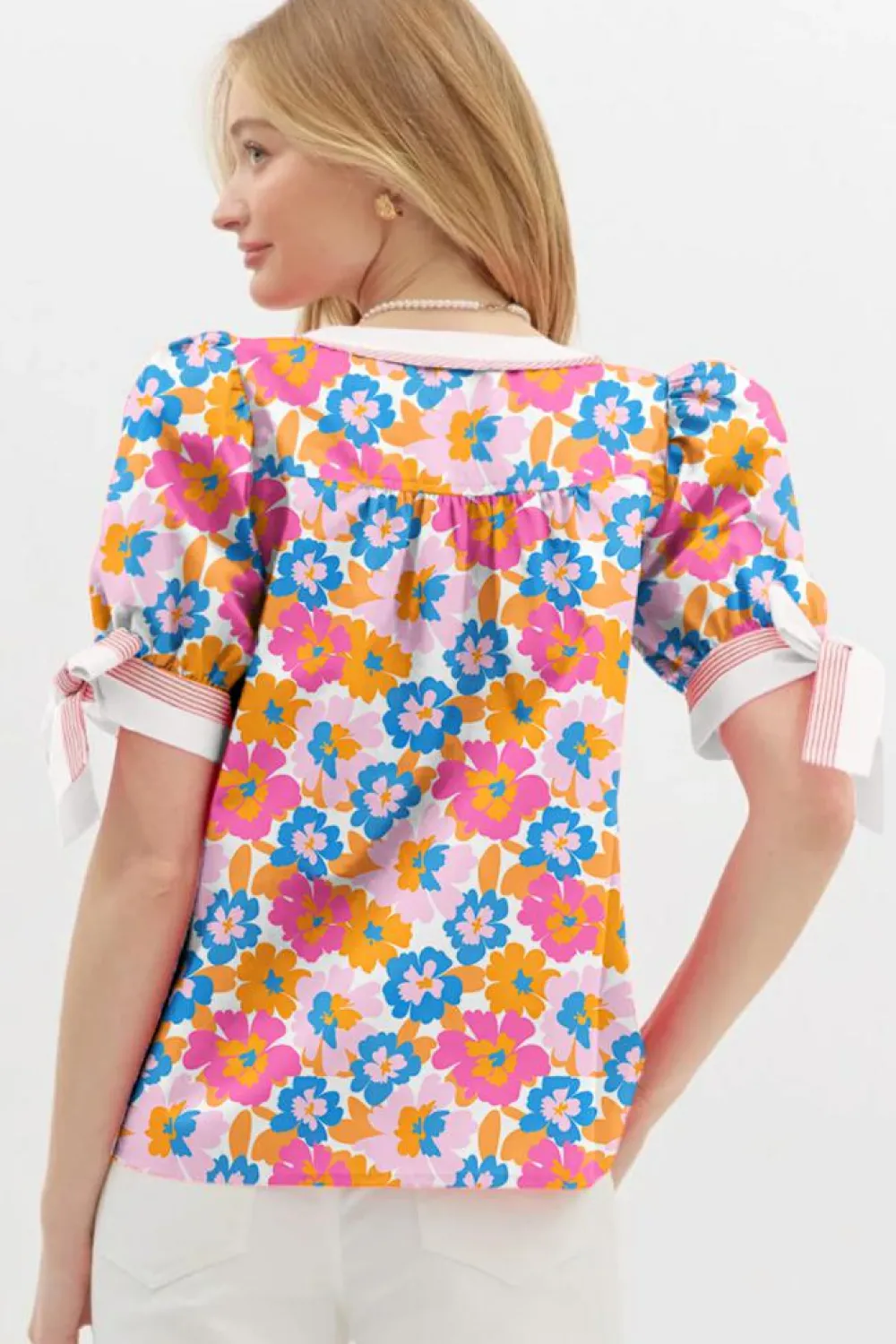 Online Dear-Lover Floral Colorblock Striped Edge V Neck Knotted Short Sleeve Blouse White