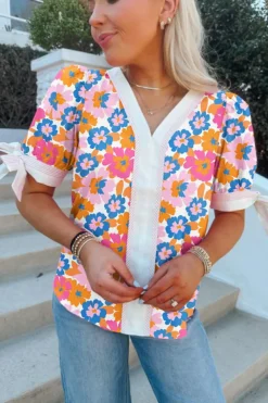 Online Dear-Lover Floral Colorblock Striped Edge V Neck Knotted Short Sleeve Blouse White