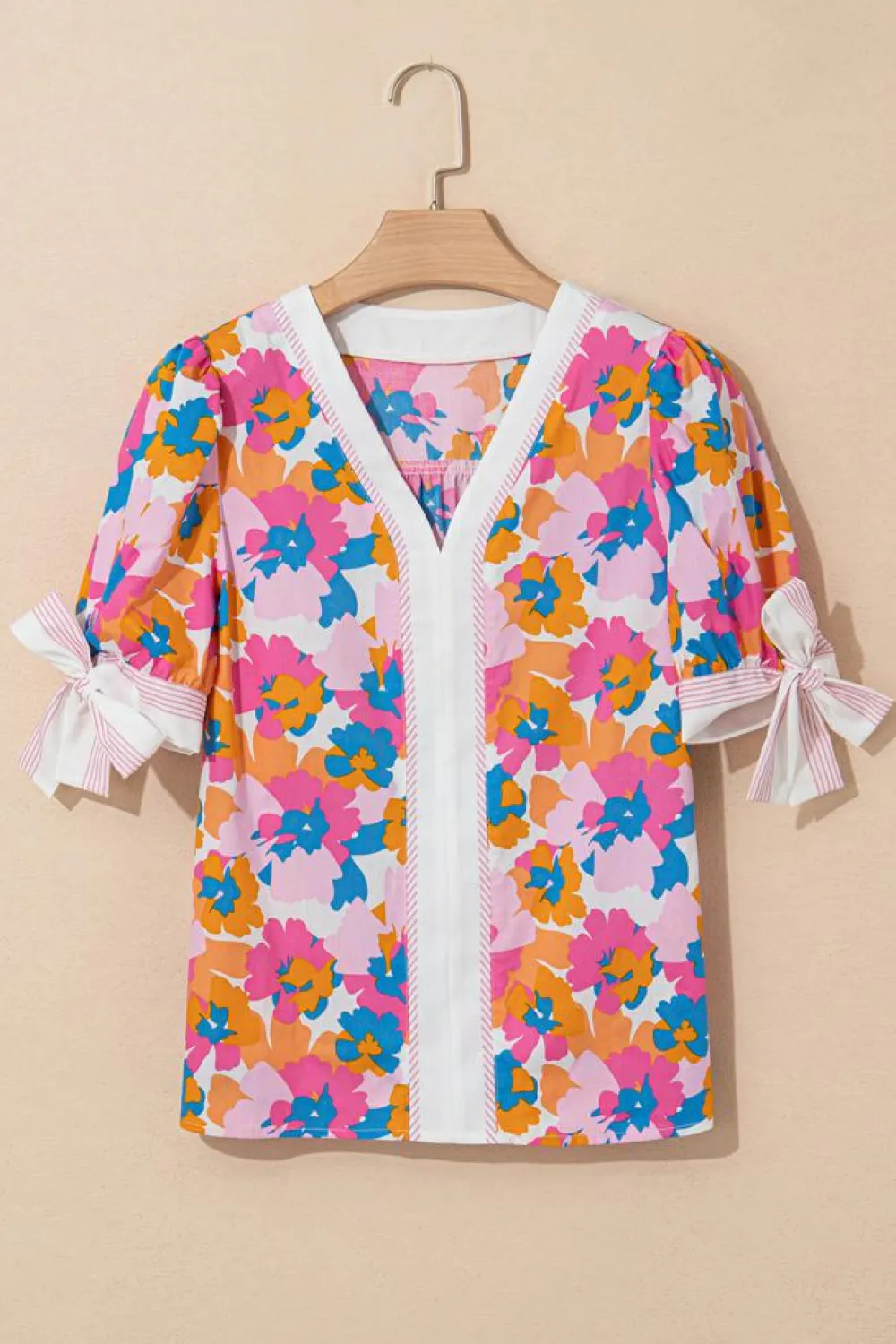 Online Dear-Lover Floral Colorblock Striped Edge V Neck Knotted Short Sleeve Blouse White