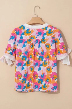 Online Dear-Lover Floral Colorblock Striped Edge V Neck Knotted Short Sleeve Blouse White