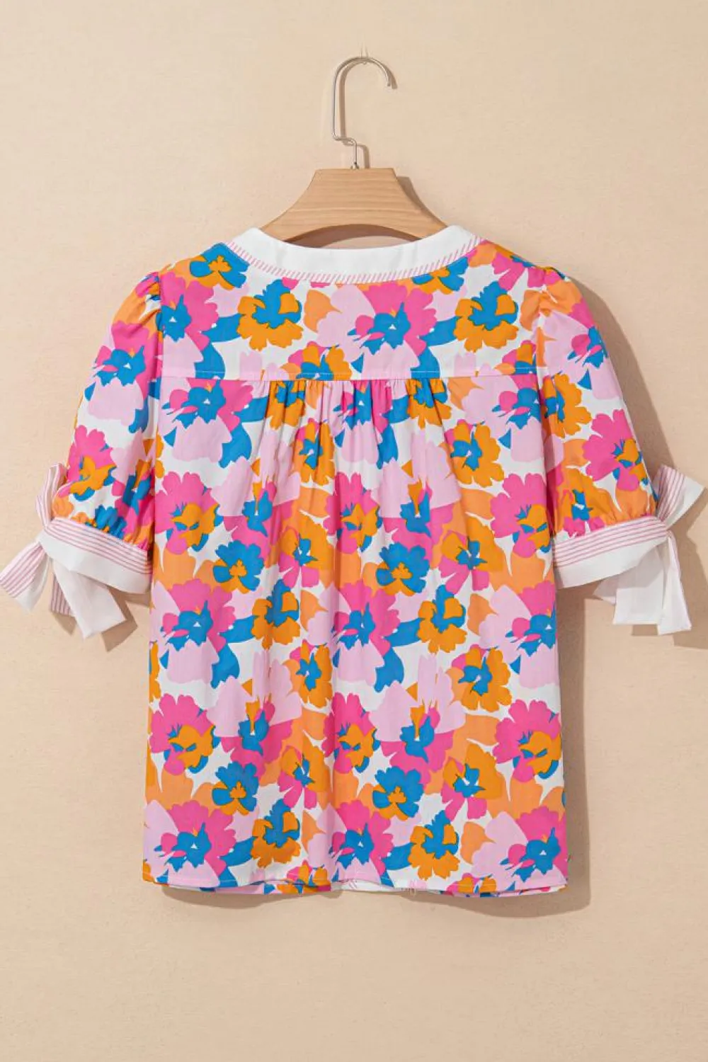 Online Dear-Lover Floral Colorblock Striped Edge V Neck Knotted Short Sleeve Blouse White