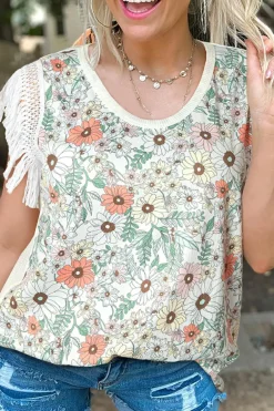 Sale Dear-Lover Floral Crinkle Gauze Lace Fringed Crochet Top White