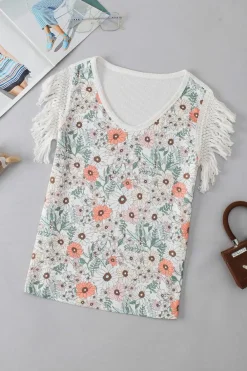 Sale Dear-Lover Floral Crinkle Gauze Lace Fringed Crochet Top White