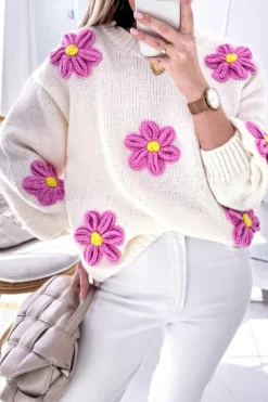 Fashion Dear-Lover Floral Crochet Chunky Knit Sweater White