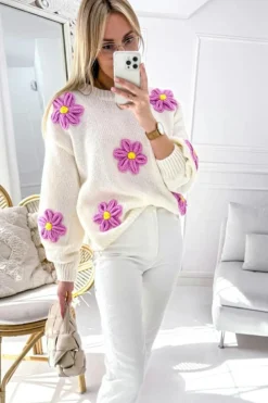 Fashion Dear-Lover Floral Crochet Chunky Knit Sweater White