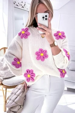 Fashion Dear-Lover Floral Crochet Chunky Knit Sweater White