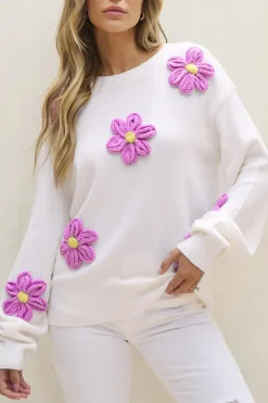 Fashion Dear-Lover Floral Crochet Chunky Knit Sweater White