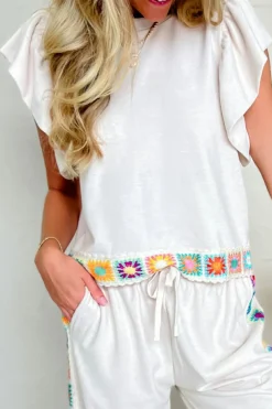 Clearance Dear-Lover Floral Crochet Patched Ruffled Sleeve Crewneck Blouse White