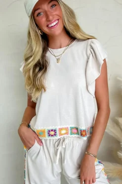 Clearance Dear-Lover Floral Crochet Patched Ruffled Sleeve Crewneck Blouse White