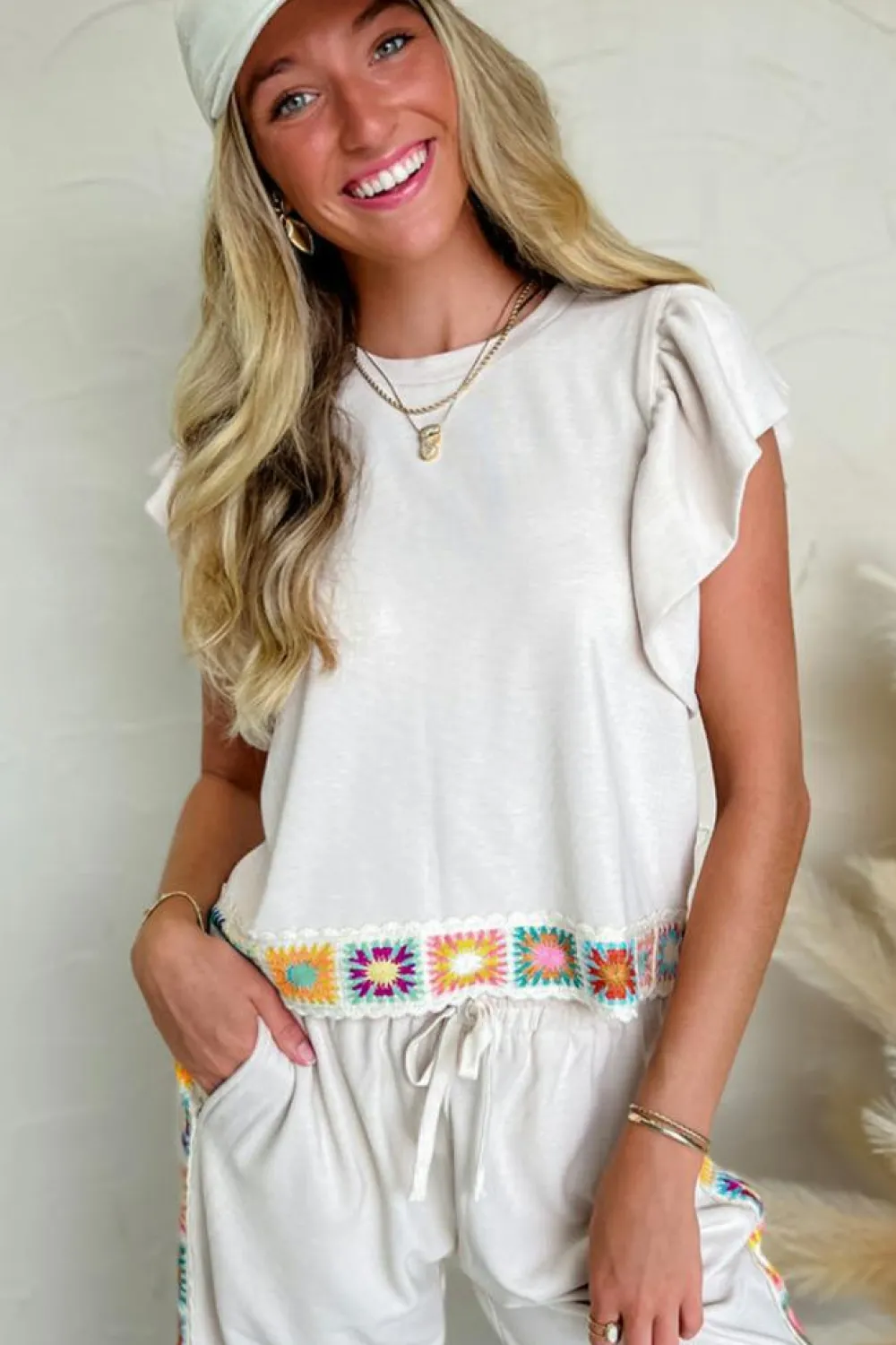 Clearance Dear-Lover Floral Crochet Patched Ruffled Sleeve Crewneck Blouse White